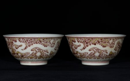 A Pair of Exquisite Underglaze-Red Lotus and Dragon Pattern Bowls