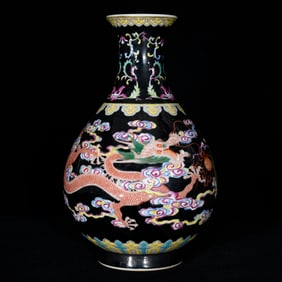 An Exquisite Black Glazed Enamel Auspicious Cloud and Dragon Pattern Vase