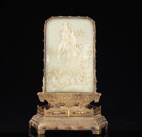 A Rare Gilt Bronze Inlaid White Jade Landscape and Figure Pattern Table Screen,Inlaid Gems,With Poem
