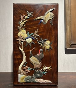 An Exquisite Zitanwood Crane Pattern Brush Pot,Inlaid Gems