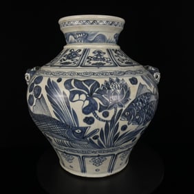 A Rare Blue and White Fish and Algae Pattern Beast-Ears Jar