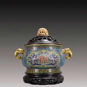An Archaic Cloisonne Lotus and Dragon Pattern Elephant-Ears Censer,with Zitanwood Inlaid White Jade