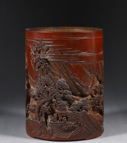 An Exquisite Bamboo Landscape and Figure Pattern Brush Pot,With Poem