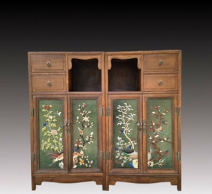 A Pair of Huge Huanghuali wood Inlaid Jasper Flower and Bird Pattern Cabinets, Inlaid Gems