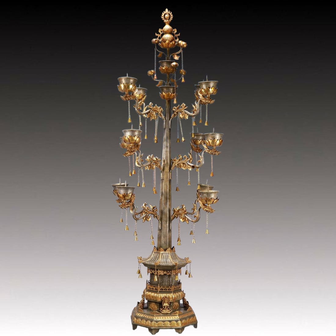 A Rare Gilt Silver Lotus Candlestick,With Inscription: A Rare Gilt Silver Lotus Candlestick,With Inscription,Tang Dynasty, China,Zhenguan Four-character Mark,Size:50cmx124cm,Weight:16250g 铜鎏金莲花烛台,带&#