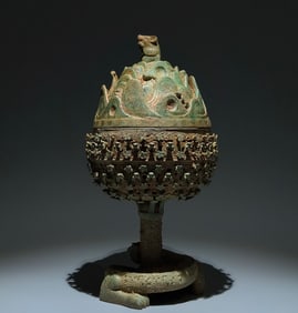 An Archaic Bronze Hollow Plum Blossom Pattern Censer,With Inscription,With Dragon Base