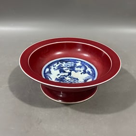 An Exquisite Ji Red Glazed Blue and White Auspicious Cloud and Phoenix Pattern Basin