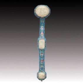 A Huge Cloisonne Inlaid White Jade Bats and Peach Pattern Ruyi