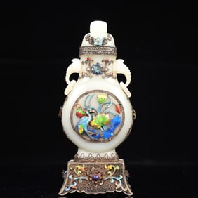 An Exquisite White Jade Inlaid Flower silk gold-plated Flower and Bird Pattern Double-Ears Bottle,In