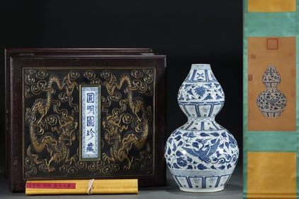 A Huge Blue and White Lotus and Phoenix Pattern Gourd-Shaped Vase,With Vertical Scroll Painting on S