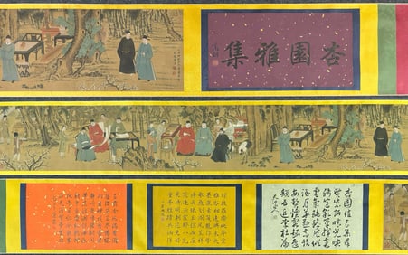 A Chinese Hand Scroll Ink Painting of Character and Story on Silk,Tang Yin