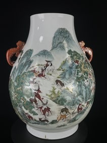 A Huge Famille-Rose Pine and Deer Pattern Double-Ears Vase