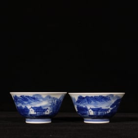 A Pair of Exquisite Blue and White Landscape and Figure Pattern Cups