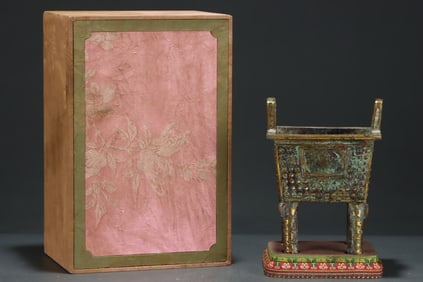 An Exquisite Bronze Inlaid Gold Double-Ears Four Legs Censer,With Inscription