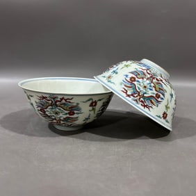 A Pair of Exquisite Doucai Flower and Phoenix Pattern Bowls