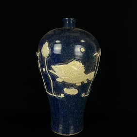A Rare Ji Blue Glazed Fish and Algae Pattern Vase