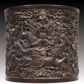 An Exquisite Zitanwood Auspicious Cloud and Dragon Pattern Brush Pot