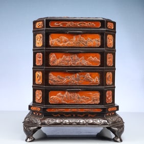 An Exquisite Zitanwood Inlaid Boxwood Landscape Pattern Cover Box