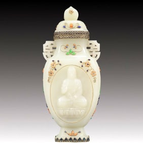 An Exquisite White Jade Inlaid Gems Sakyamuni Image Double-Ears Vase