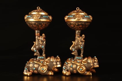 A Pair of Rare Gilt Bronze Inlaid Gems Censers