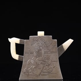 An Exquisite Tin Inlaid White Jade Figure Pattern Ewer,With Poem