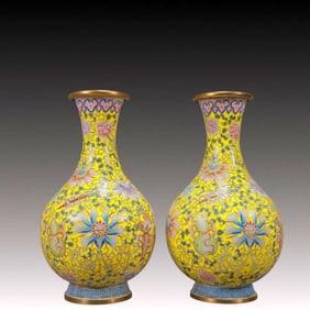 A Pair of Exquisite Painted Enamel Lotus and Eight Treasures Pattern Vases