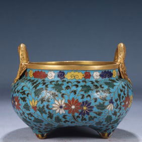 An Exquisite Cloisonne Flower Pattern Dragon-Ears and Tripod Censer