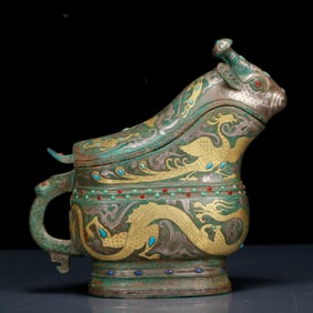 A Rare Bronze Inlaid Gold and Silver Inlaid Gems Dragon and Phoenix Pattern Ewer