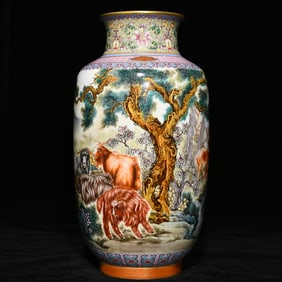 A Rare Famille-Rose Painted Gold Landscape and Goat Pattern Vase
