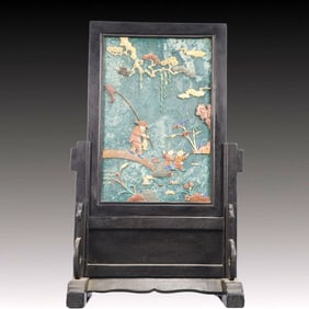 A Rare Zitanwood Inlaid Gems Figure Pattern Table Screen
