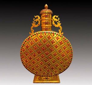 A Rare Gilt Bronze Inlaid Gems Double-Ears Vase