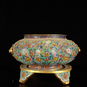 A Rare Cloisonne Lotus Pattern Beast-Ears Tripod Censer