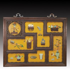 A Exquisite A pair of Zitanwood Inlaid Gems Flower and Bird Pattern Hanging Panel