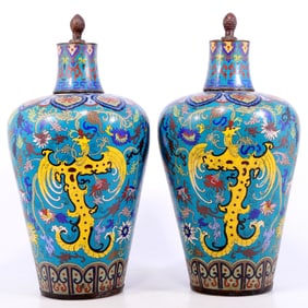 A perfect pair of cloisonne lotus and phoenix pattern jars with lids
