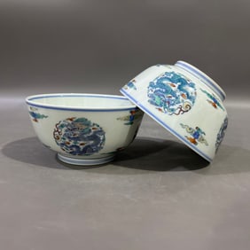 A Pair of Exquisite Doucai Auspicious Cloud and Dragon Pattern Bowls