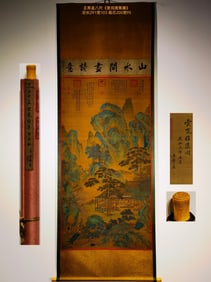 A Chinese Vertical Scroll Ink Painting of Landscape and Figure on Silk,Wang Ximeng