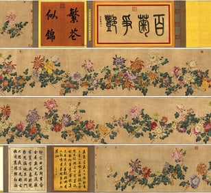 A Chinese Hand Scroll Ink Painting of Flower on Silk,Lang Shining