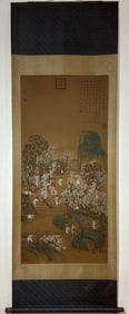 A Chinese Vertical Scroll Ink Painting of Landscape and Figure on Silk,Chou Ying
