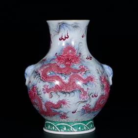 An Exquisite Ruby Red-Glazed Ink Color Dragon Pattern Beast-Ears Vase