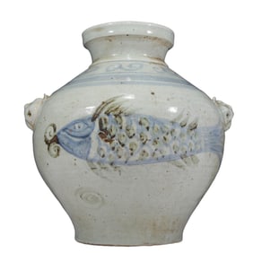 An Elaborate Blue And White Copper-Red 'Fish' Beast-Handled Korean Jar