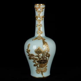 An Exquisite Celadon Glazed Inlaid Gilt Bronze Lotus Pattern Vase