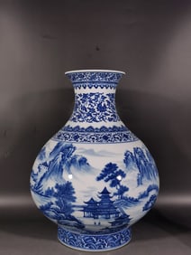 A Huge Blue and White Lotus,Landscape and Figure Pattern Vase