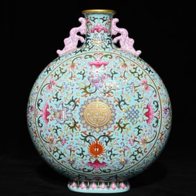 A Rare Turquoise Ground Famille-Rose Painted Gold Eight Treasures,Bats and Peach Pattern Dragon-Ears