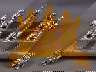 A Set of Fine Gilt Bronze Horse Pattern Seals,With Poem,With Base