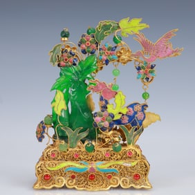 An Exquisite Filigree and Gilding Inlaid Jadeite Luffa Ornament,Inlaid Gems