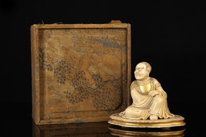 An Exquisite Shoushan Stone Painted Gold Arhat Ornament,With Base