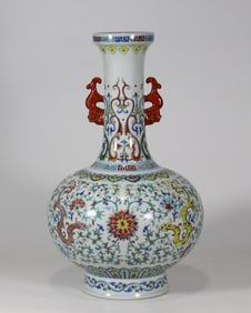 A Rare Doucai Lotus and Dragon Pattern Double-Ears Vase