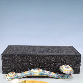 A Huge Cloisonne Inlaid White Jade Lotus and Figure Pattern Ruyi,Inlaid Gems,With Auspicious Cloud a