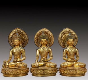 A Set of Solemn Gilt Bronze Statue of Sakyamuni,Inlaid Turquoise