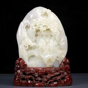 An Exquisite White Jade Landscape and Figure Pattern Ornament